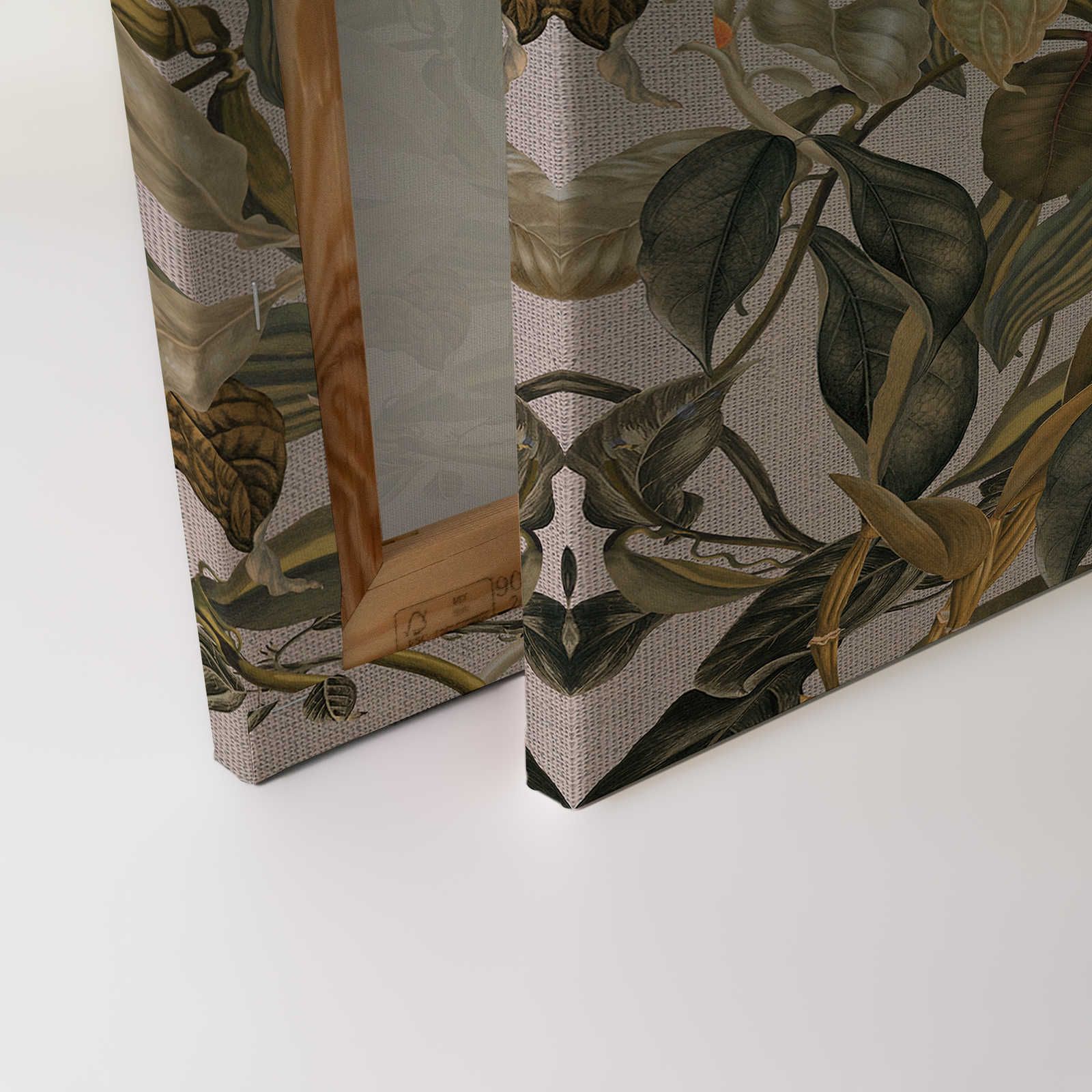             Tableau toile style botanique fleurs, feuilles & look textile - 0,90 m x 0,60 m
        