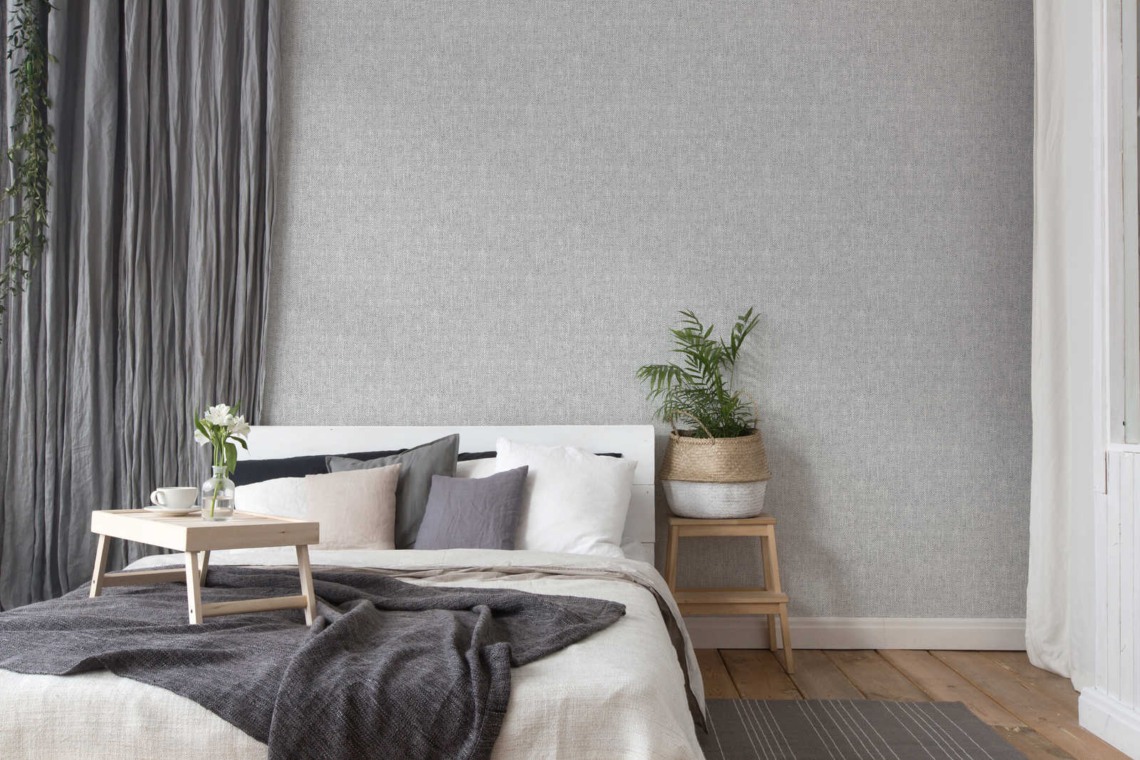             Non-woven wallpaper with realistic fabric look - grey, white
        