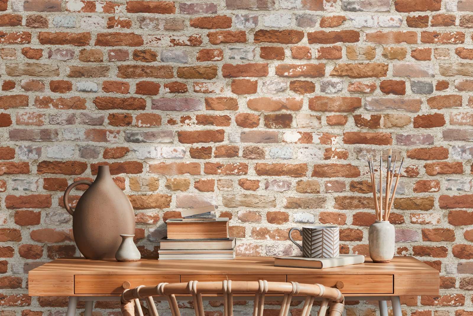             Stone look wallpaper red brick wall with 3D effect - cream, red
        