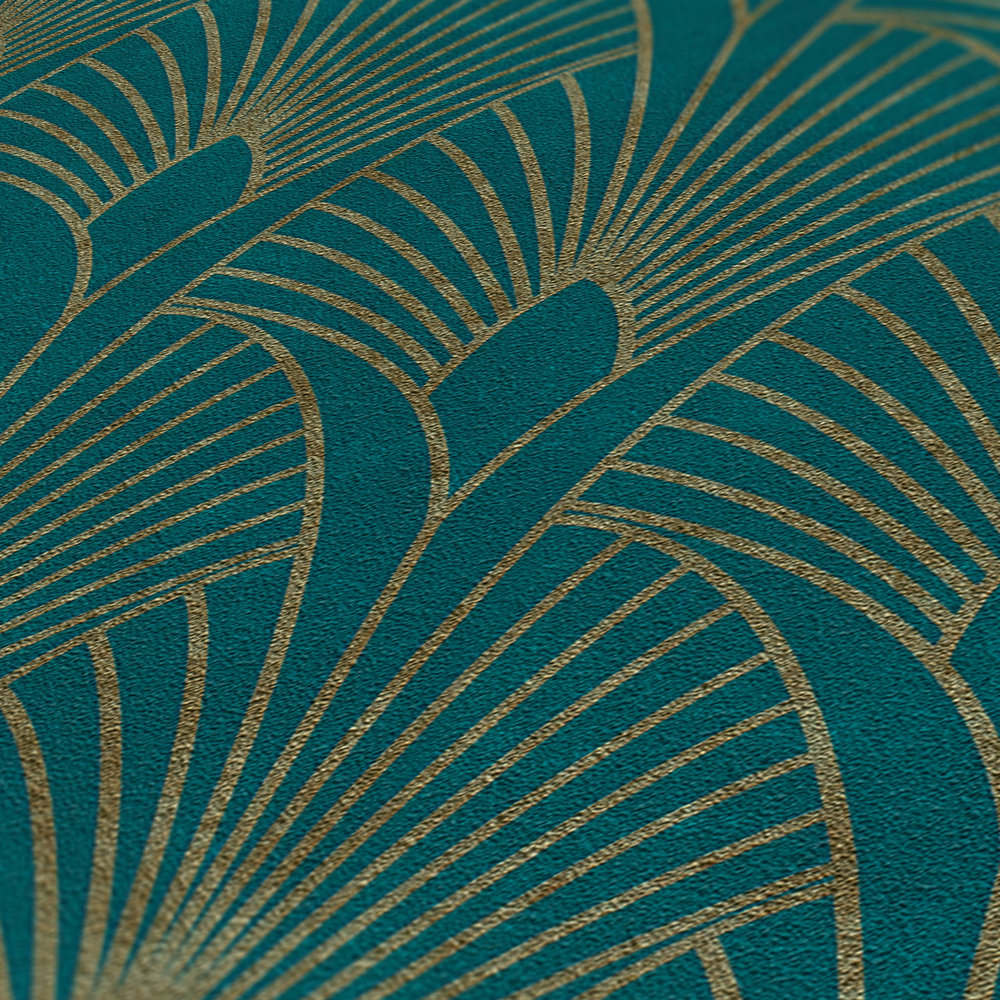             Art deco wallpaper golden retro pattern - blue, gold, green
        