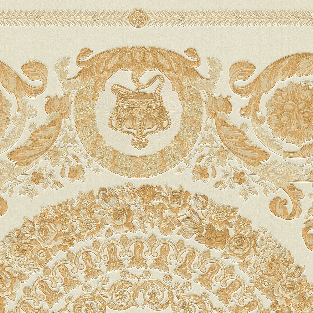            Papel pintado de lujo VERSACE Home Coronas y Rosas - Oro, Blanco, Crema
        