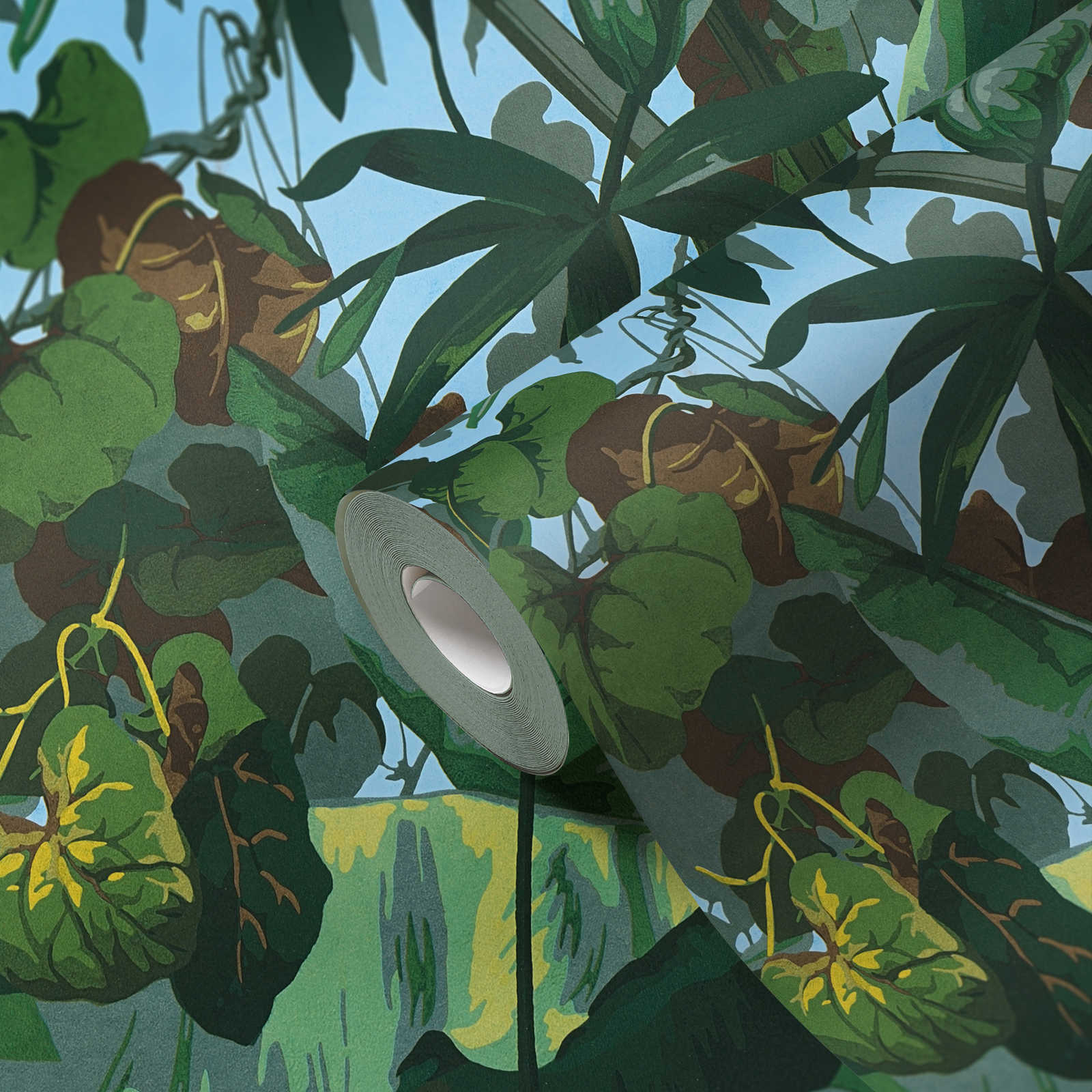             Papel pintado autoadhesivo | Papel pintado selva con bosque de hojas - verde, azul, amarillo
        