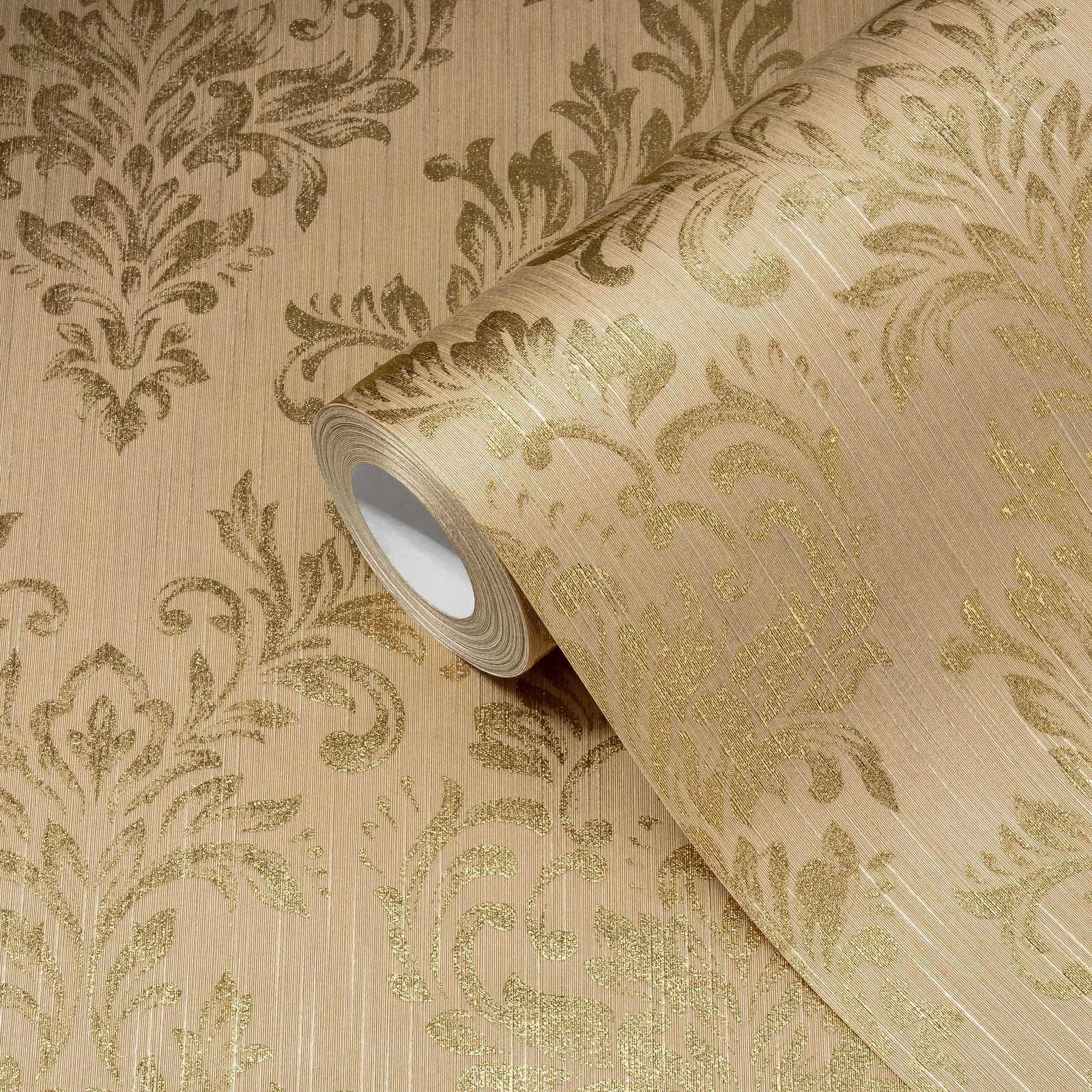             Ornament wallpaper floral with gold glitter effect - gold, beige
        