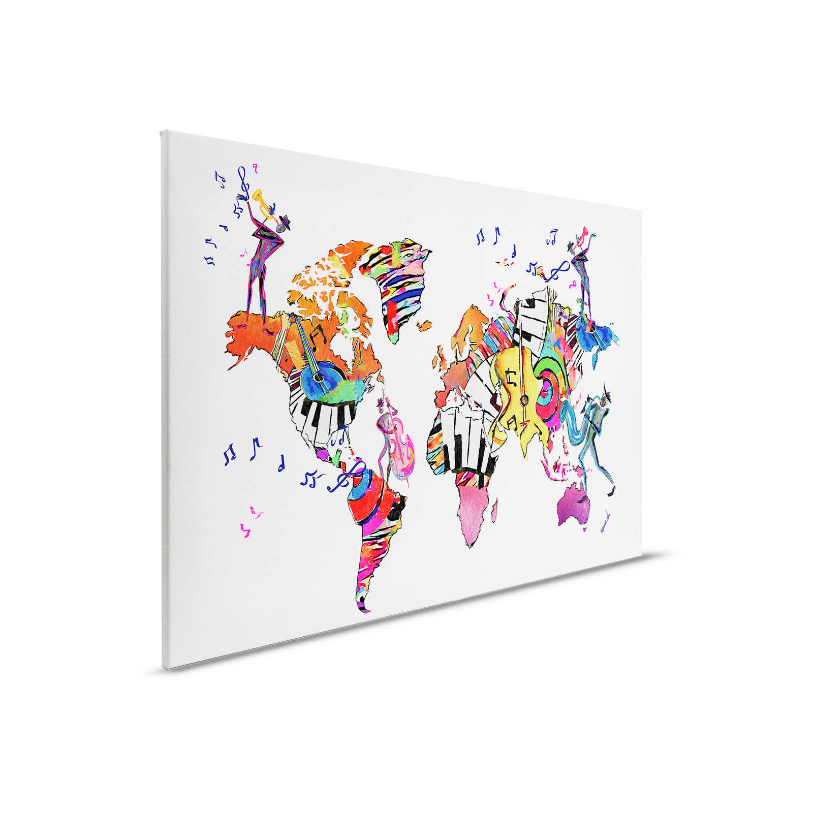         Canvas painting with world map filled with instruments and clefs - 0.90 m x 0.60 m
    