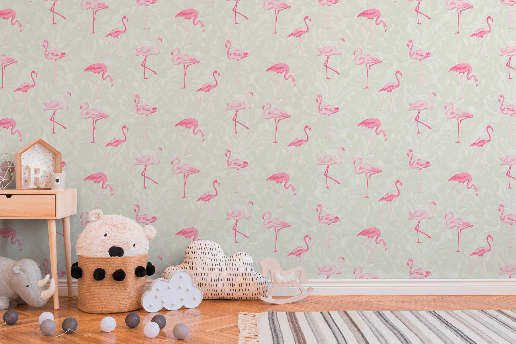             Papier peint Flamingo avec des feuilles tropicales - rose, crème
        