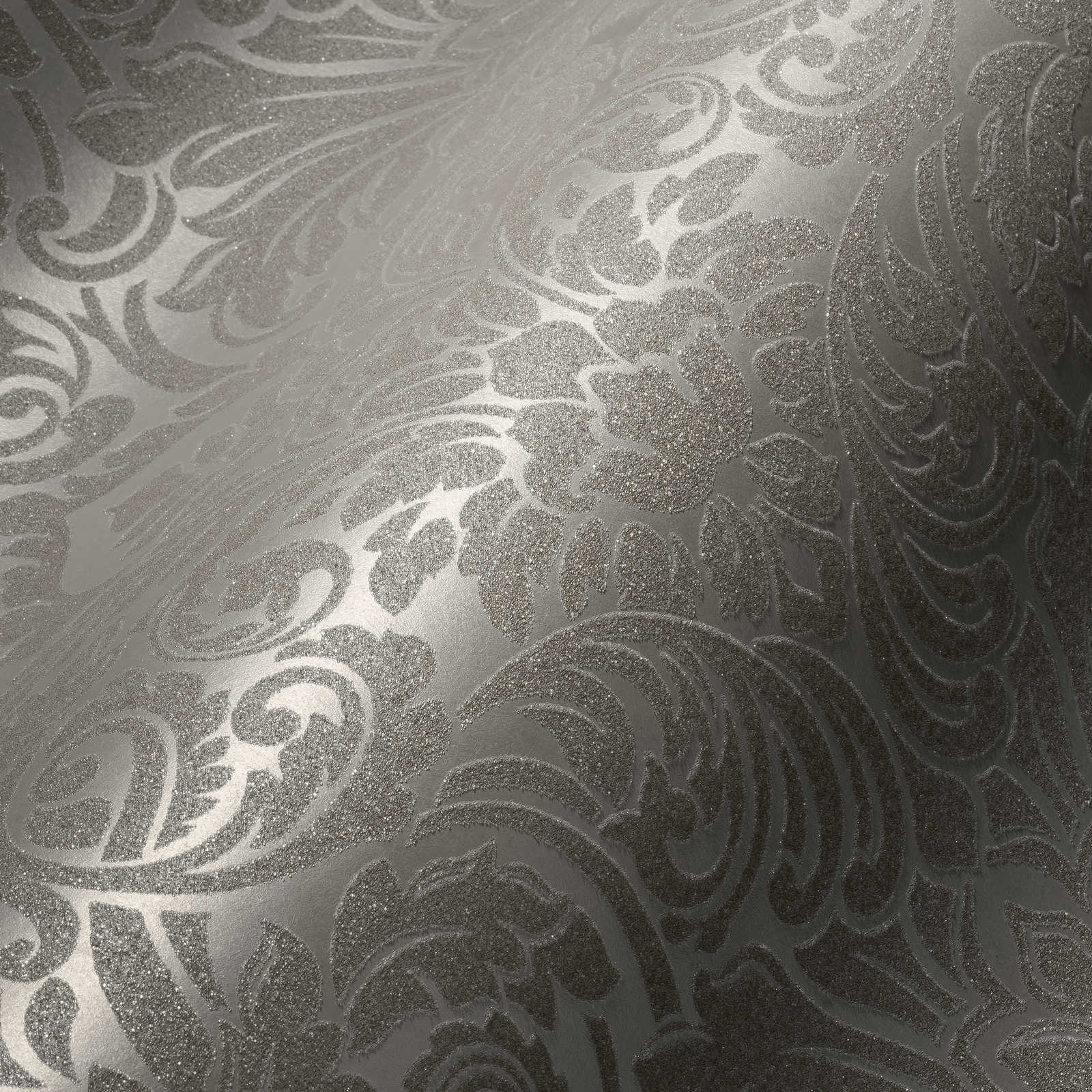             Ornamental wallpaper with metallic effect and floral design - silver, cream
        