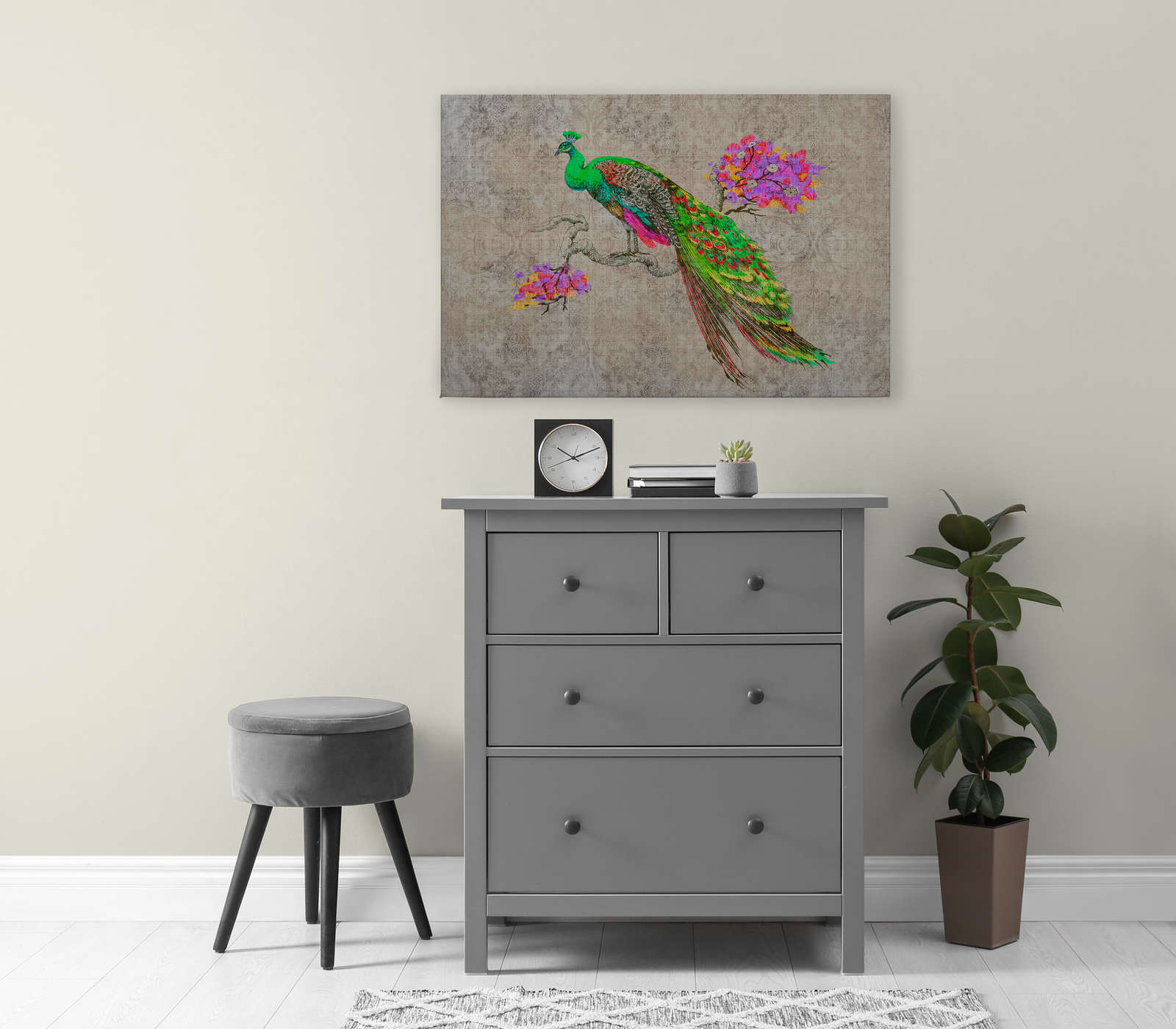             Peacock 1 - Canvas painting in natural linen structure with peacock in neon colours - 0.90 m x 0.60 m
        