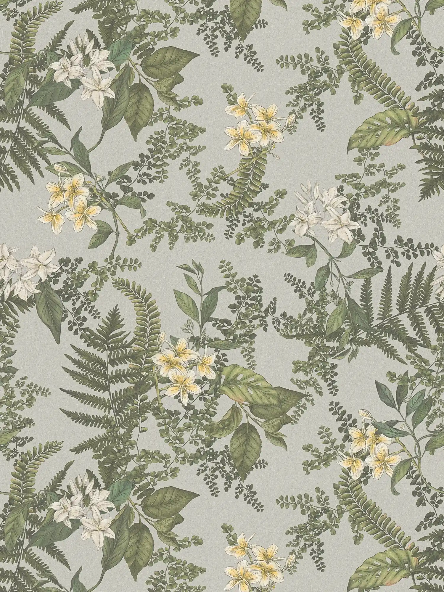 papier peint en papier moderne style floral avec fleurs & herbes structuré mat - gris, vert foncé, blanc
