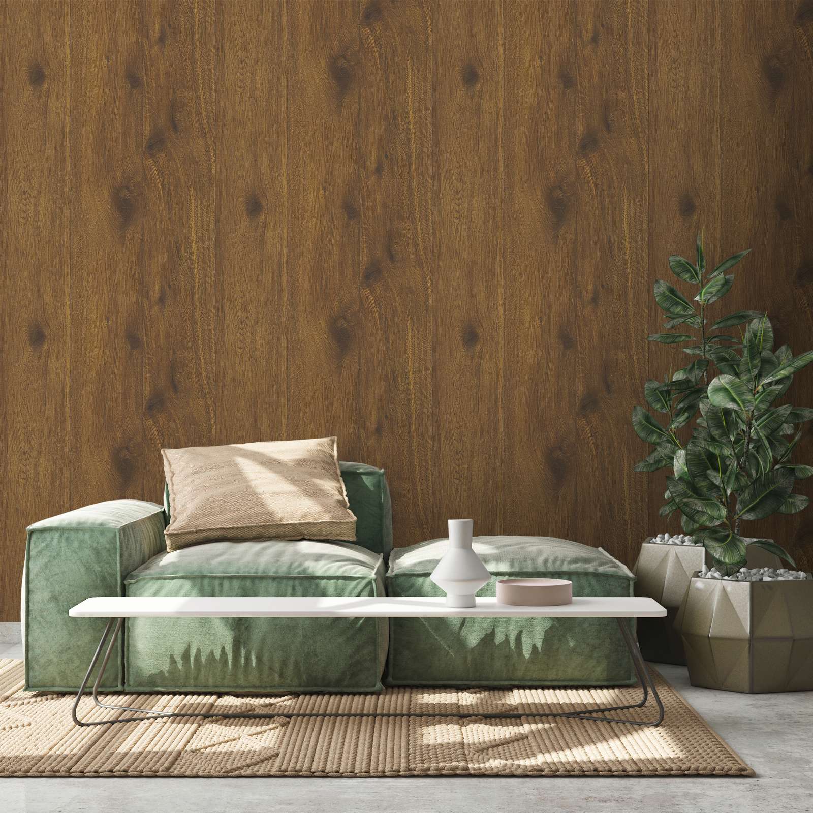             Papel pintado efecto madera con grano de madera natural - marrón
        