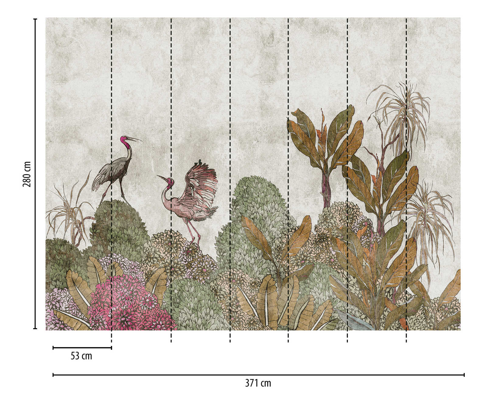             Wallpaper novelty | motif wallpaper tropical plants & cranes in used look
        