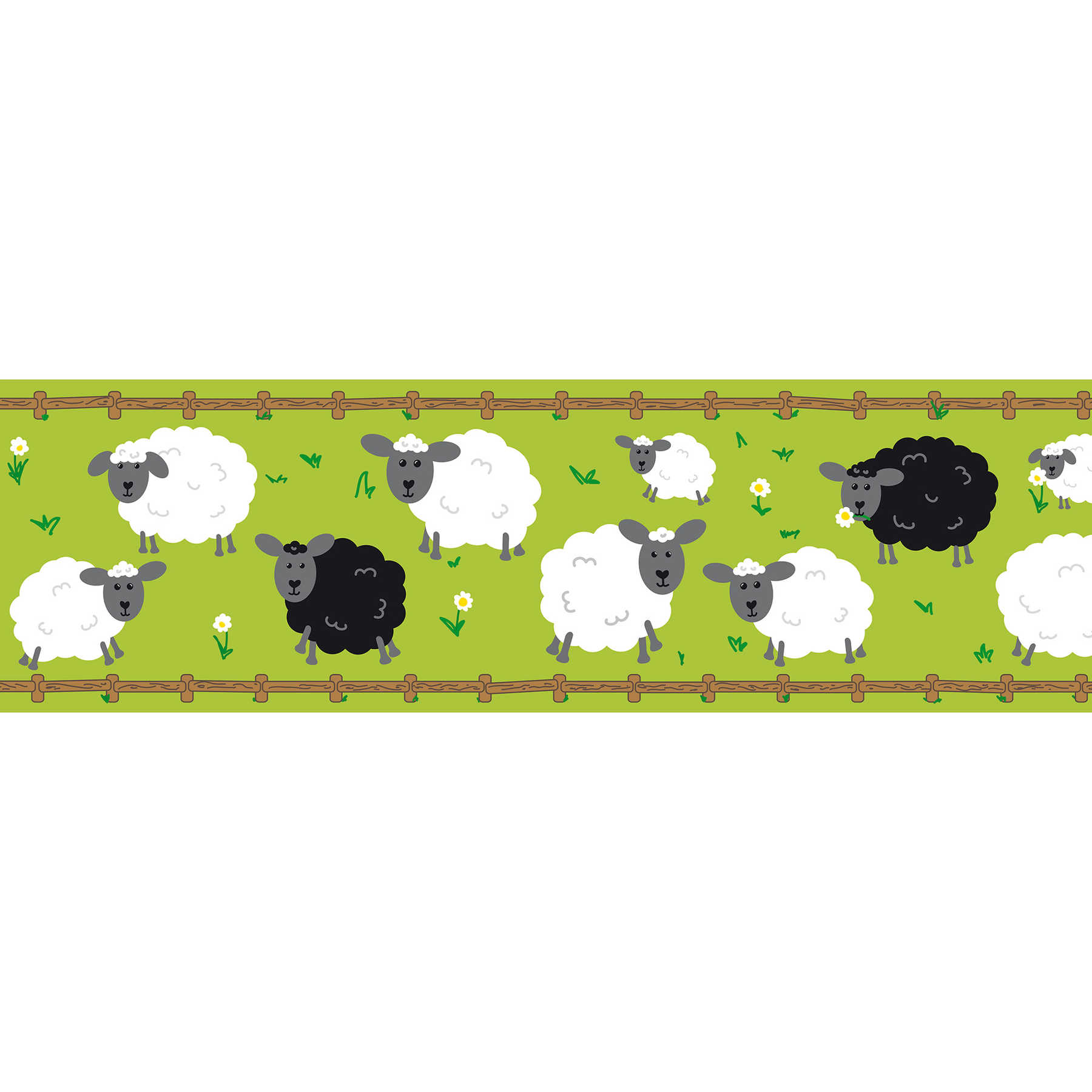 Bordure autocollante "Petit mouton dans le pré" - Vert, blanc, noir
