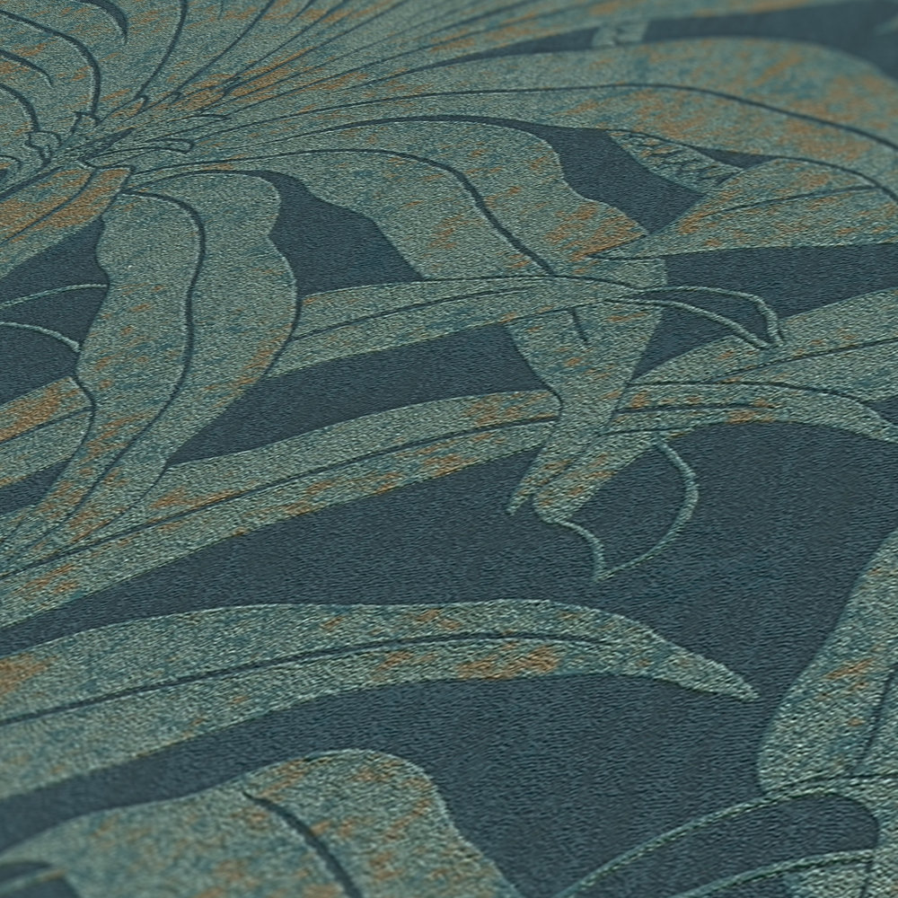             papier peint en papier à motifs floraux avec feuilles de jungle botaniques - pétrole, or, bleu
        
