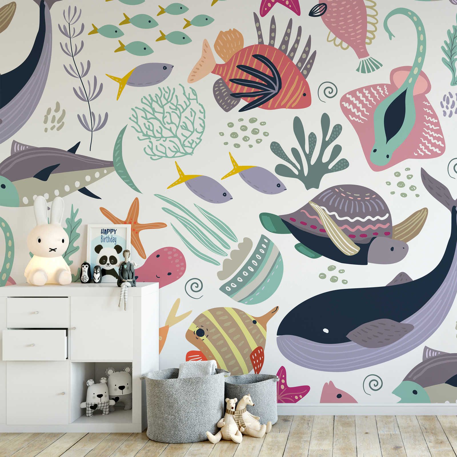 Kinderkamermuurschildering met onderwaterdieren - Glad & parelmoervlies
