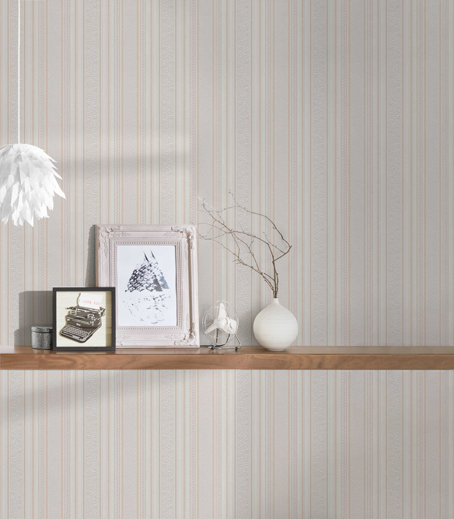             Striped wallpaper with design ornaments Biedermeier style - beige, cream, white
        