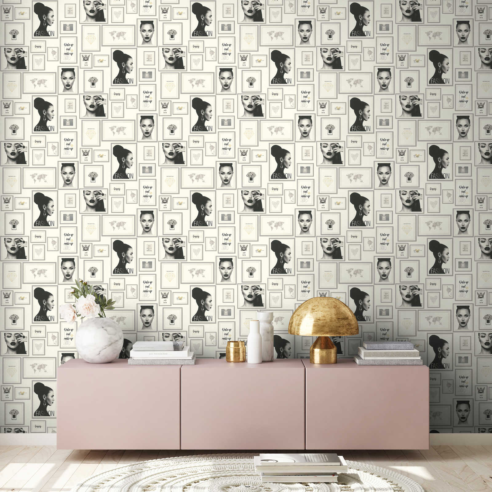             Wallpaper Fashion Design with wall decor - silver, black, white
        
