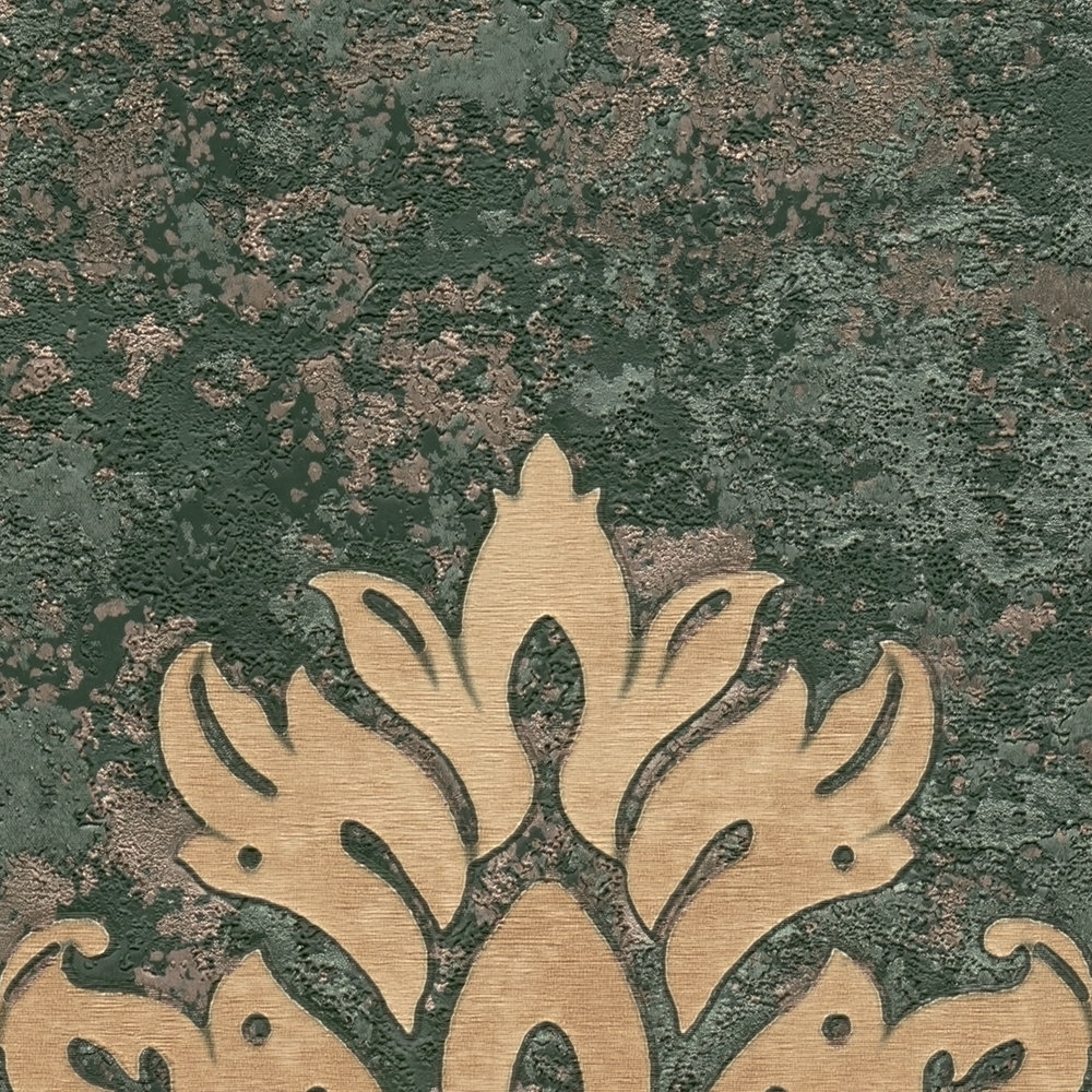             Carta da parati ornamentale con stile floreale ed effetto oro - beige, marrone, verde
        