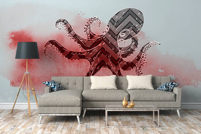             Octopus Muurschildering Grafisch Ontwerp & Zeesterren - Rood, Blauw, Wit
        