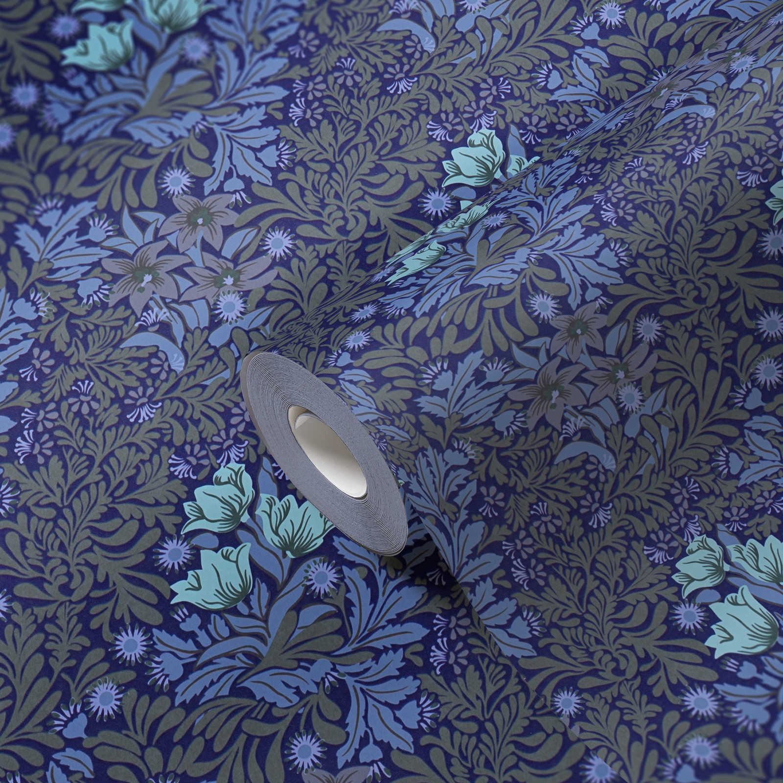             Papel pintado no tejido floral con zarcillos de hojas y flores - azul, gris, verde
        
