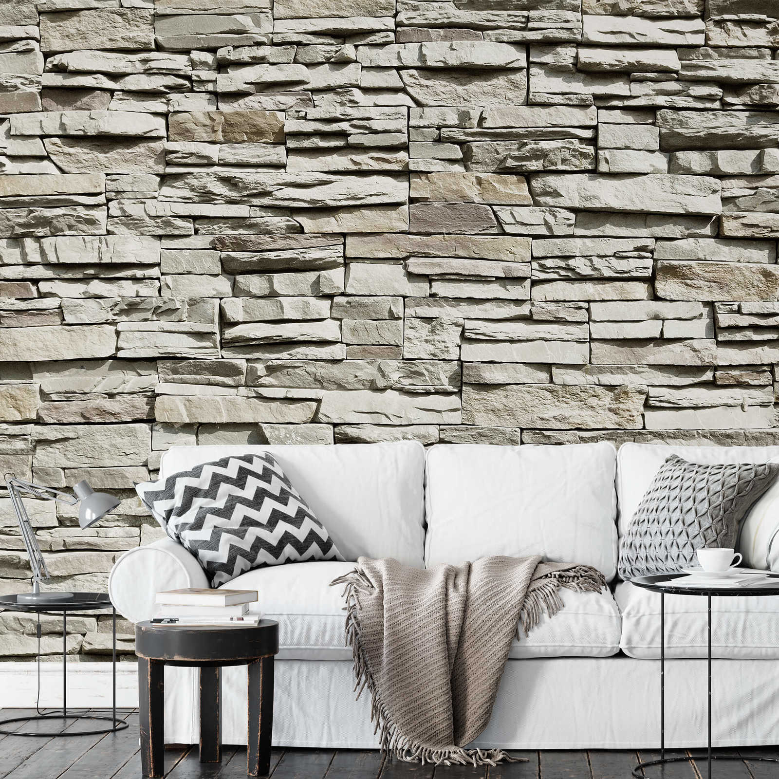             Mur de pierres Papier peint panoramique mur de pierres naturelles clair - Gris
        
