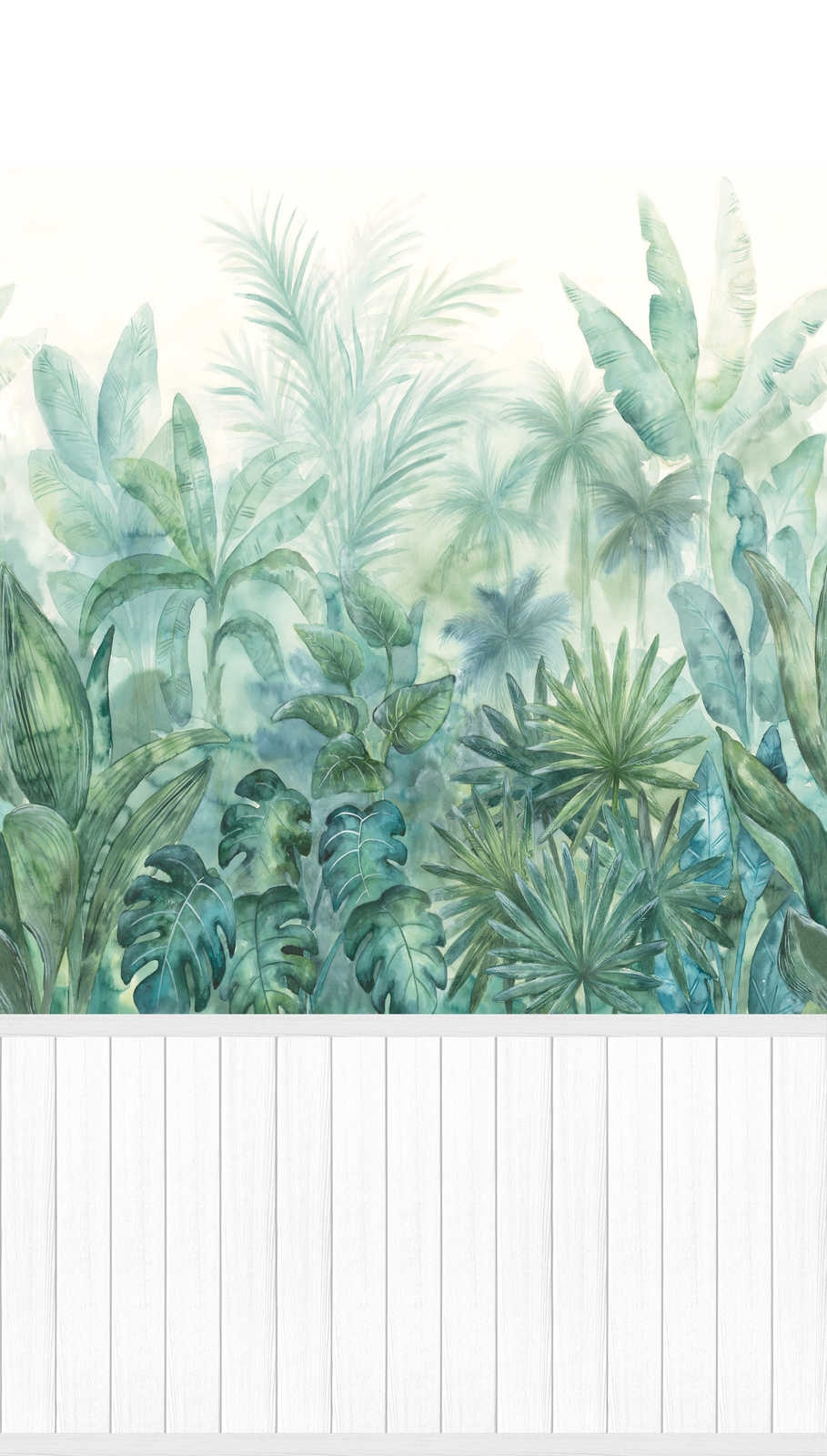             Papel pintado motivo no tejido con borde zócalo efecto madera y motivo jungla - blanco, verde
        