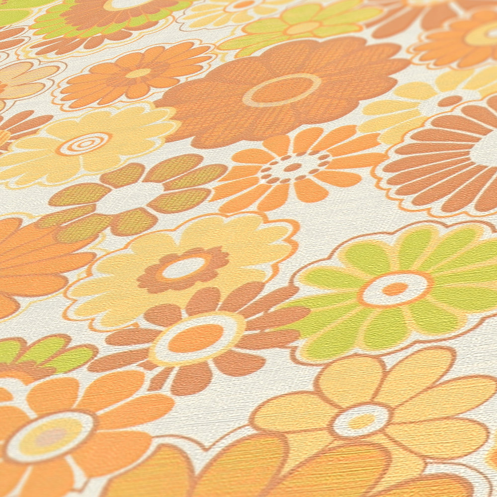             papier peint en papier floral rétro à texture légère - jaune, vert, marron
        