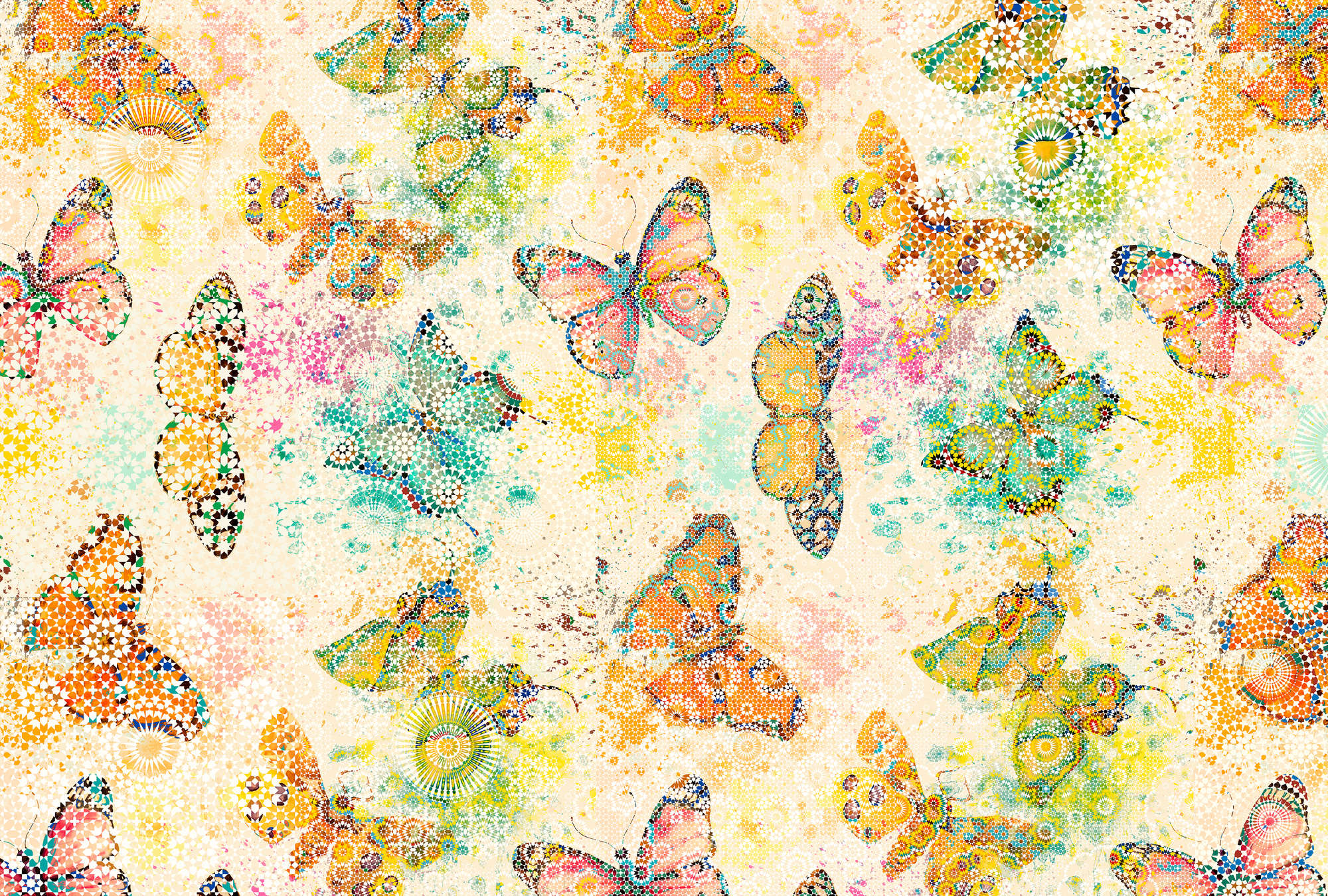             Carta da parati con farfalle in stile mosaico - Crema, arancione
        