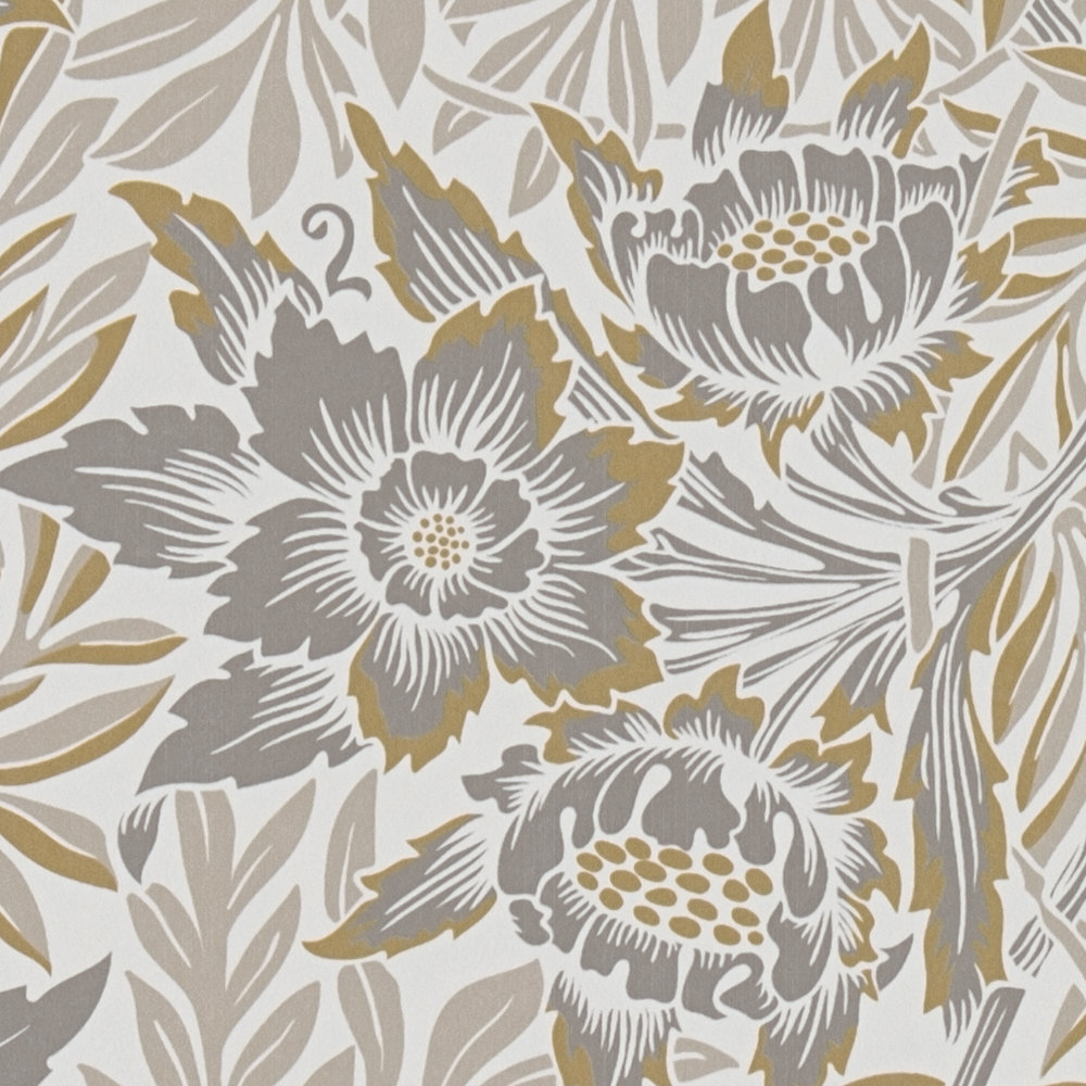             Papier peint intissé avec différentes fleurs et rinceaux de feuilles - or, beige, argent
        