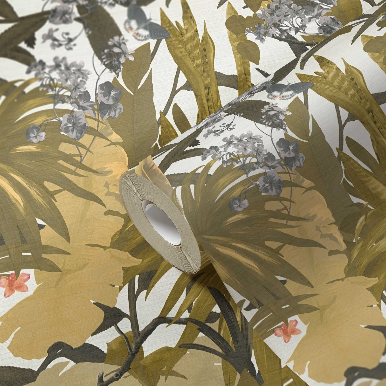             behang jungle design met bladmotief - geel, grijs
        