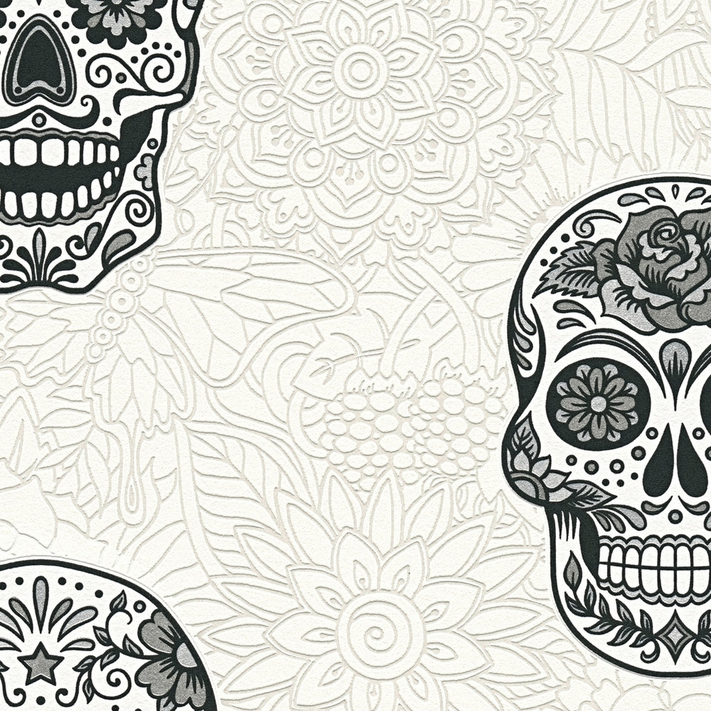             Skull wallpaper with flowers, Dia De Muertos decor - Black, White
        