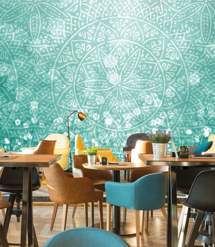             Turquoise Behang met Glitter & Boho Design - Groen, Wit
        