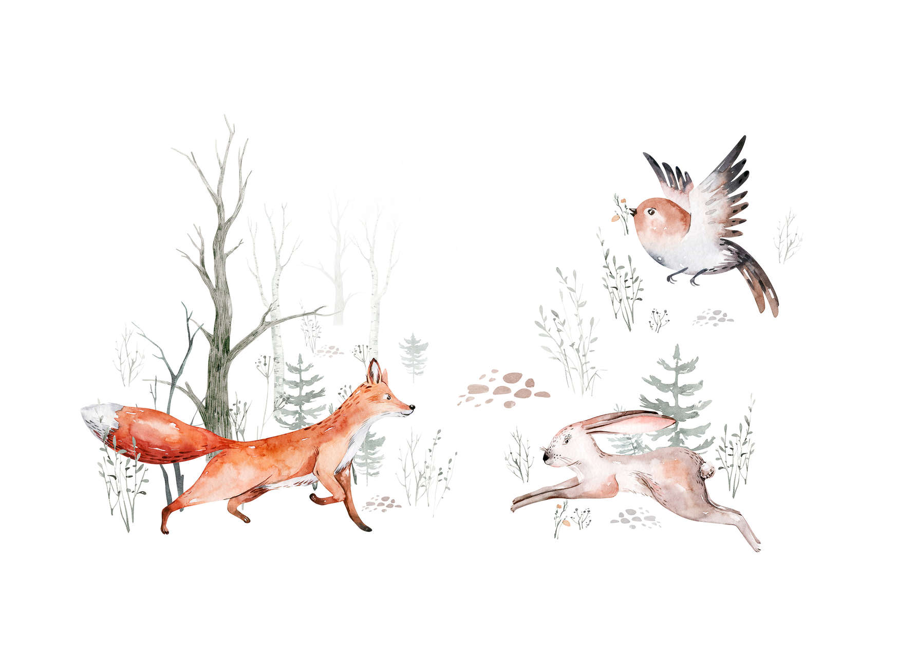             Papier peint avec des animaux dans la forêt pour la chambre d'enfant - orange, vert, blanc
        
