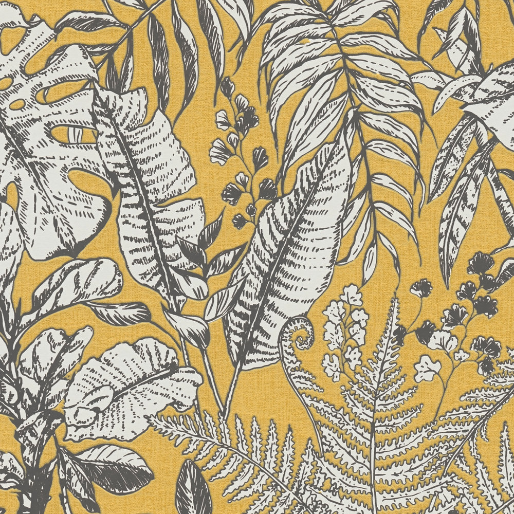             Carta da parati in tessuto non tessuto Jungle, foglie di monstera e felci - giallo, bianco, grigio
        