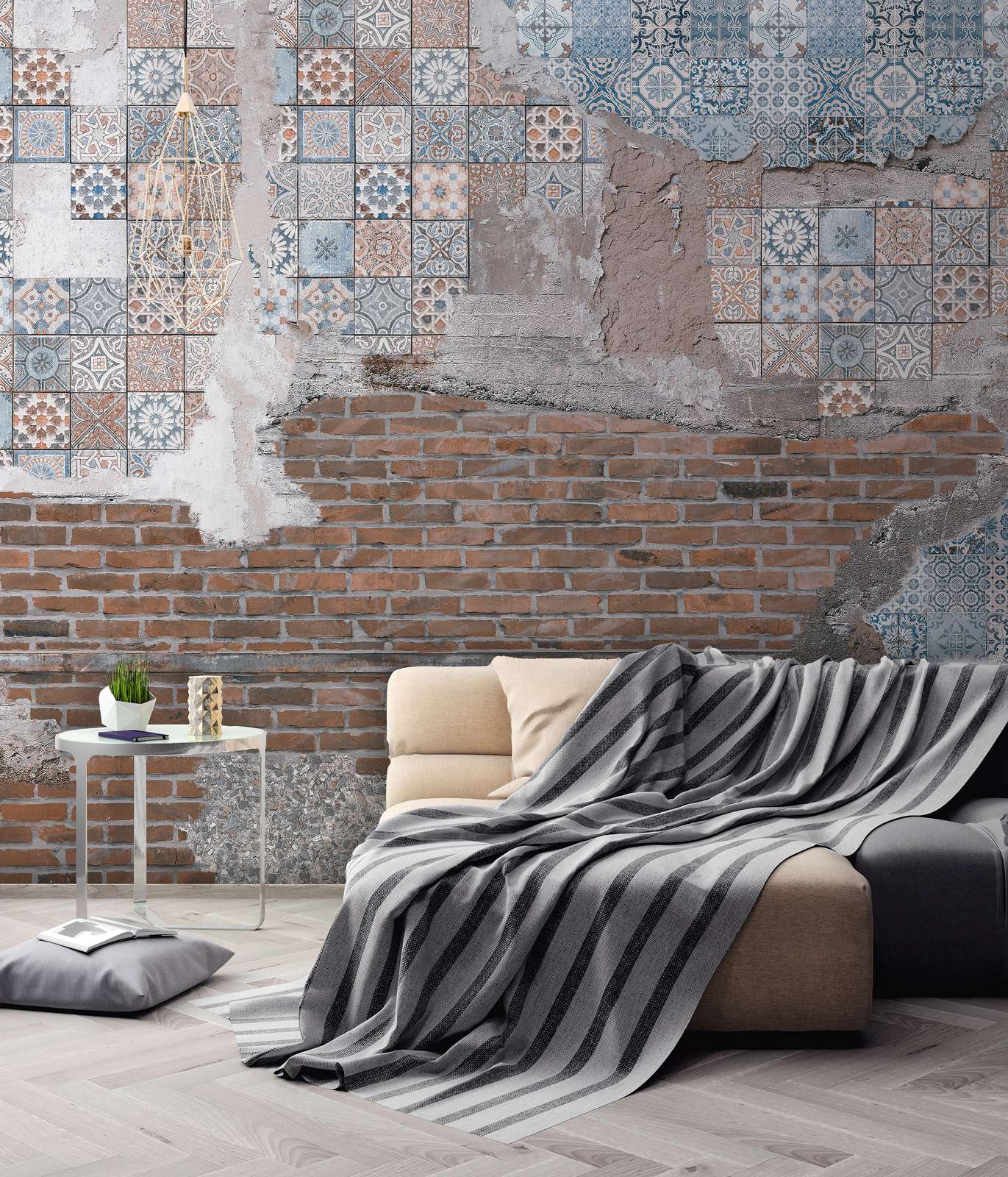             Papier peint panoramique Mur de briques avec mosaïques enduites - marron, bleu, gris
        