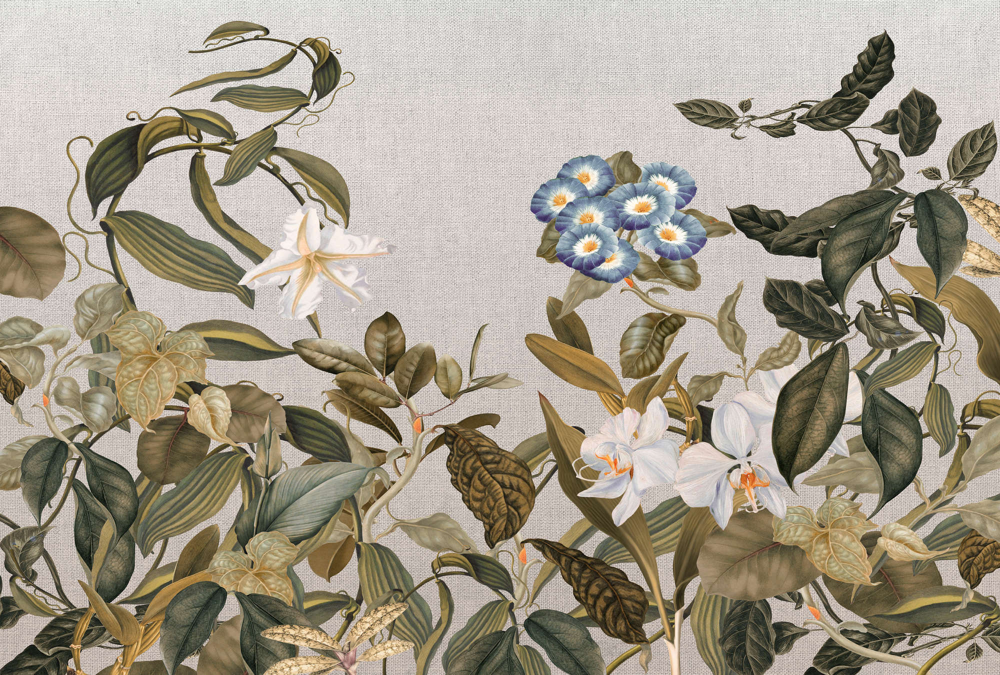             Fotomurali in stile botanico Fiori, foglie e aspetto tessile - Verde, grigio, blu
        