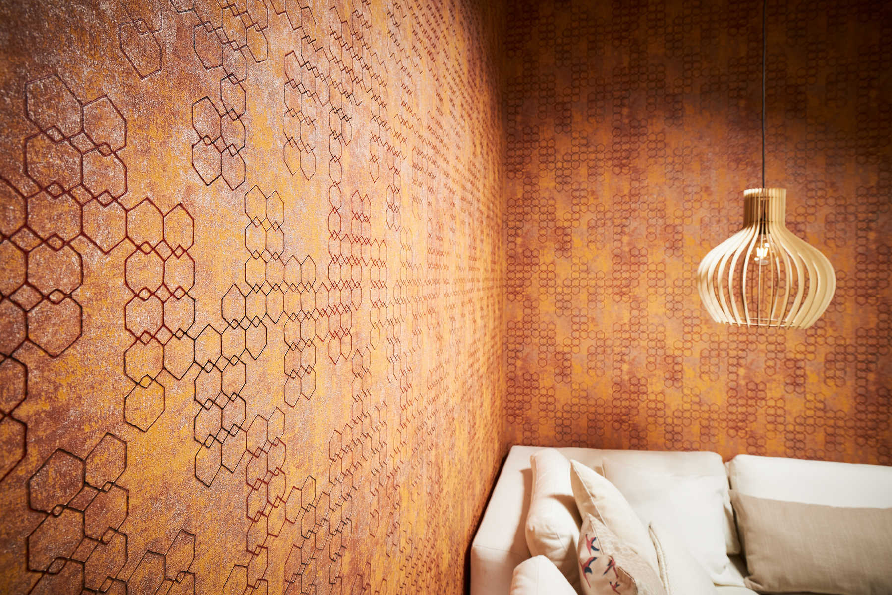             Geometric pattern wallpaper in industrial style - orange, gold, brown
        