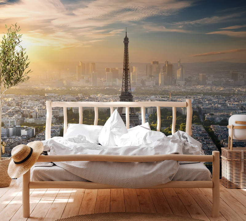             Papier peint panoramique Eifel Tour Paris - vert, gris, jaune
        