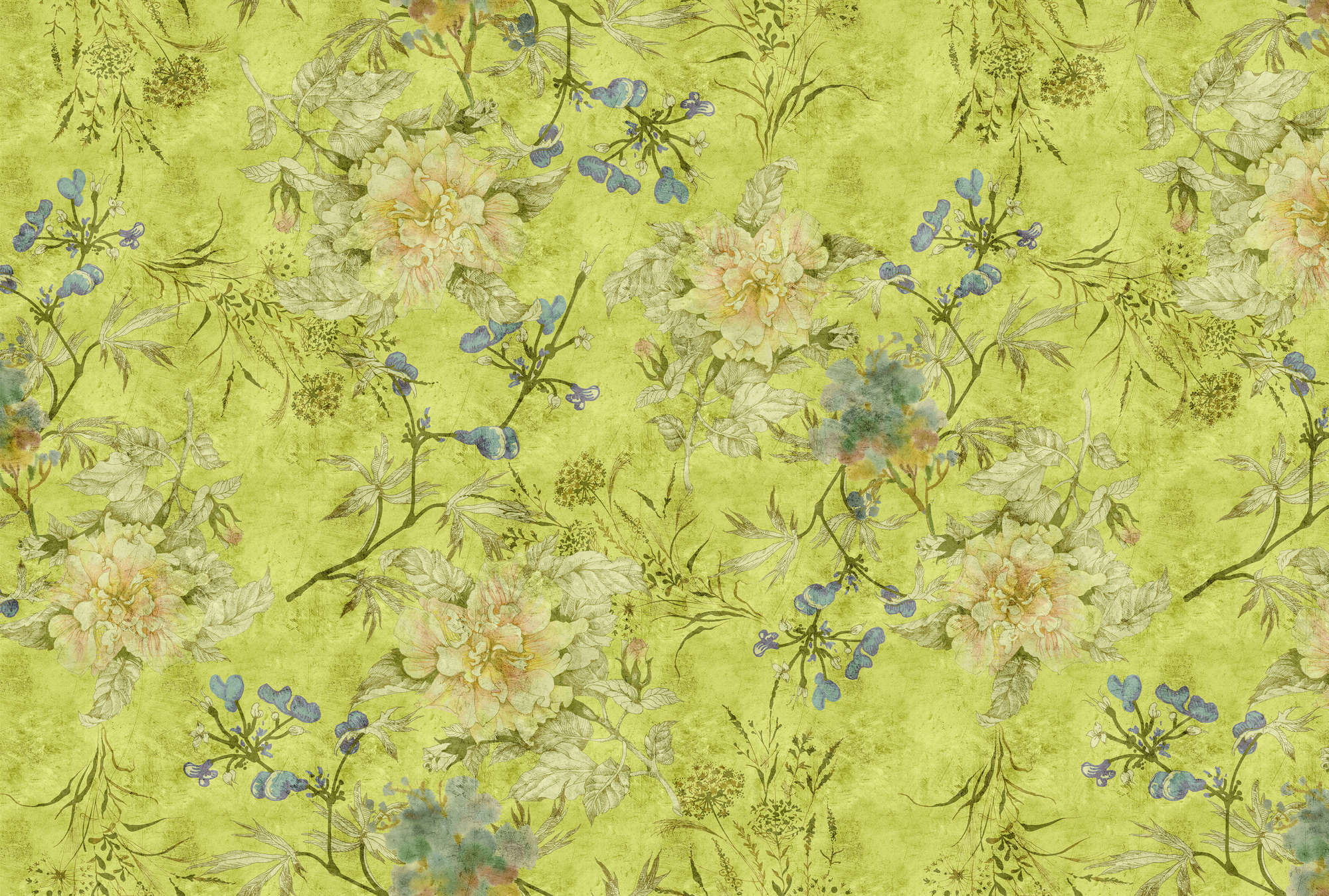             Tenderblossom 1 - Papier peint panoramique avec rinceaux de fleurs modernes à structure rayée - Vert | À structure Intissé
        