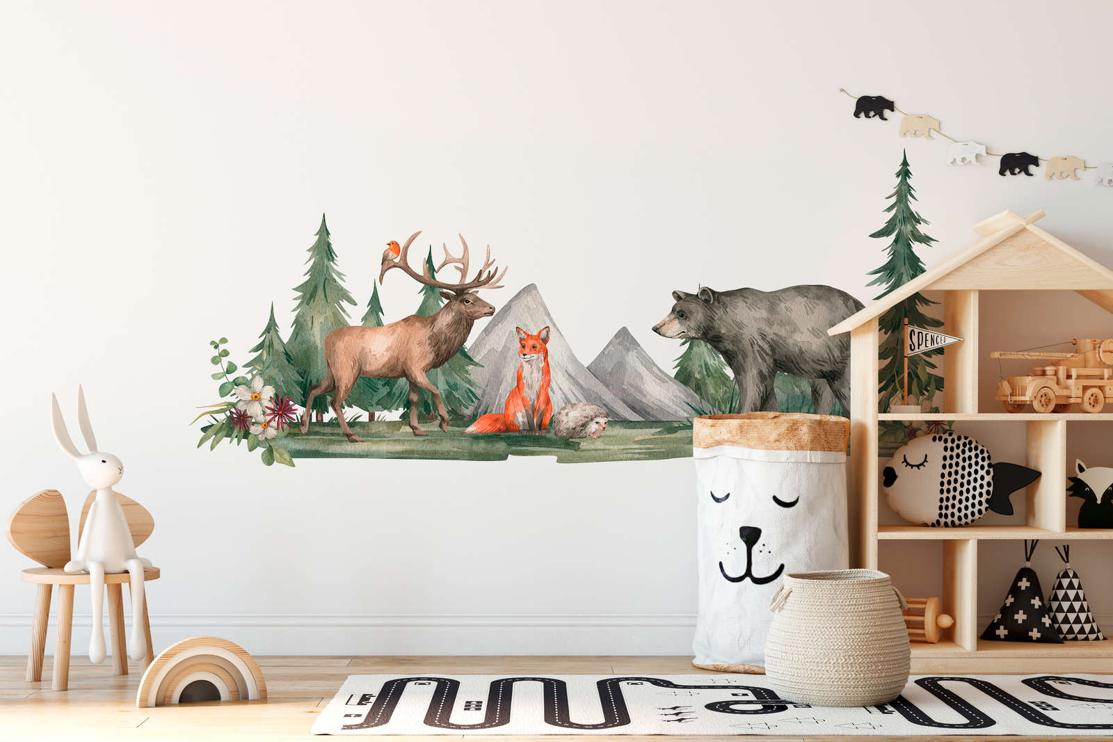             Papier peint panoramique chambre d'enfant avec des animaux dans la forêt - vert, marron, blanc
        