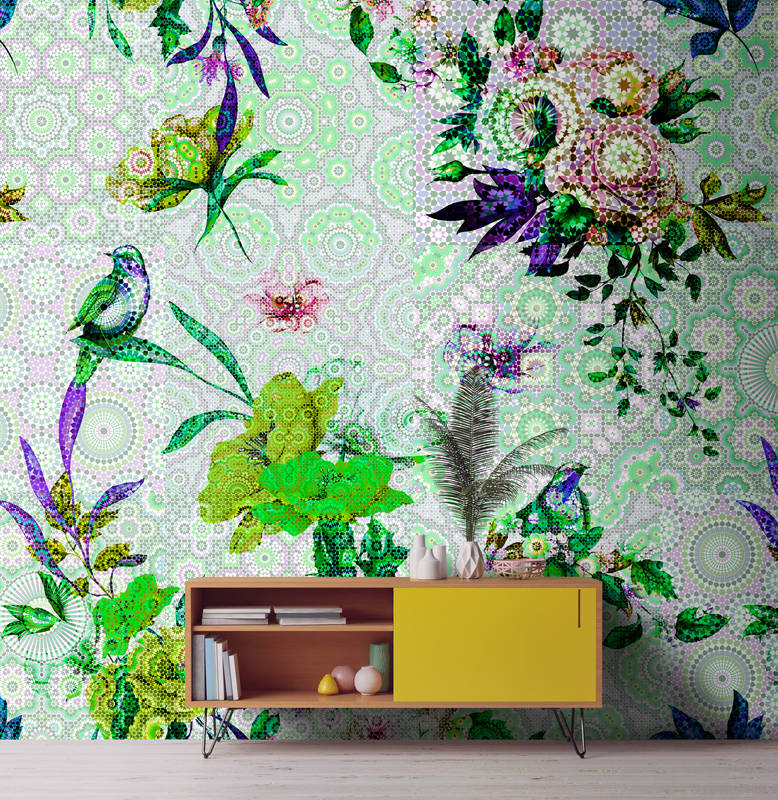             Mural de flores con diseño de mosaico moderno
        