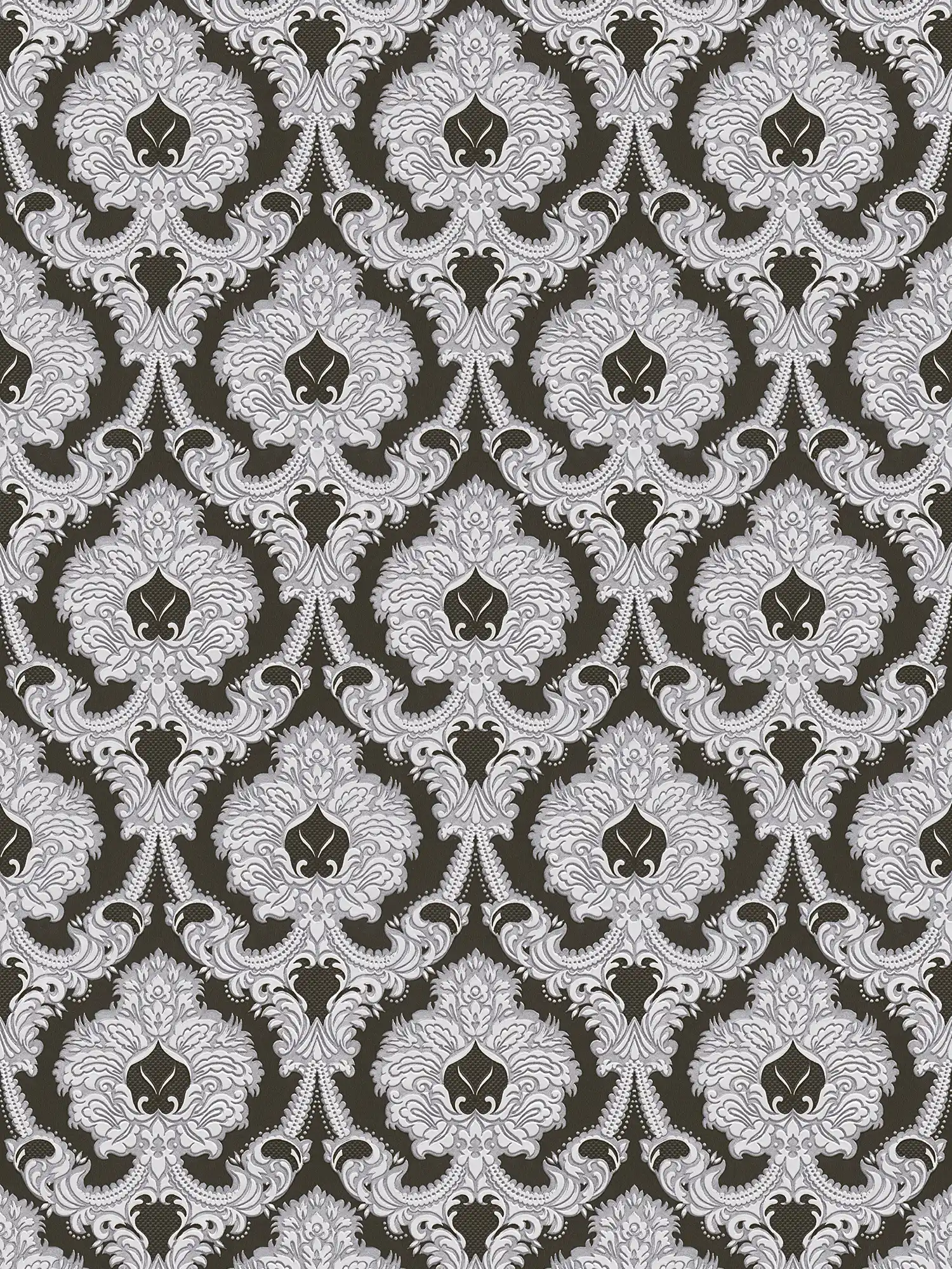 Opulent ornament wallpaper, silver accents - silver, black, white
