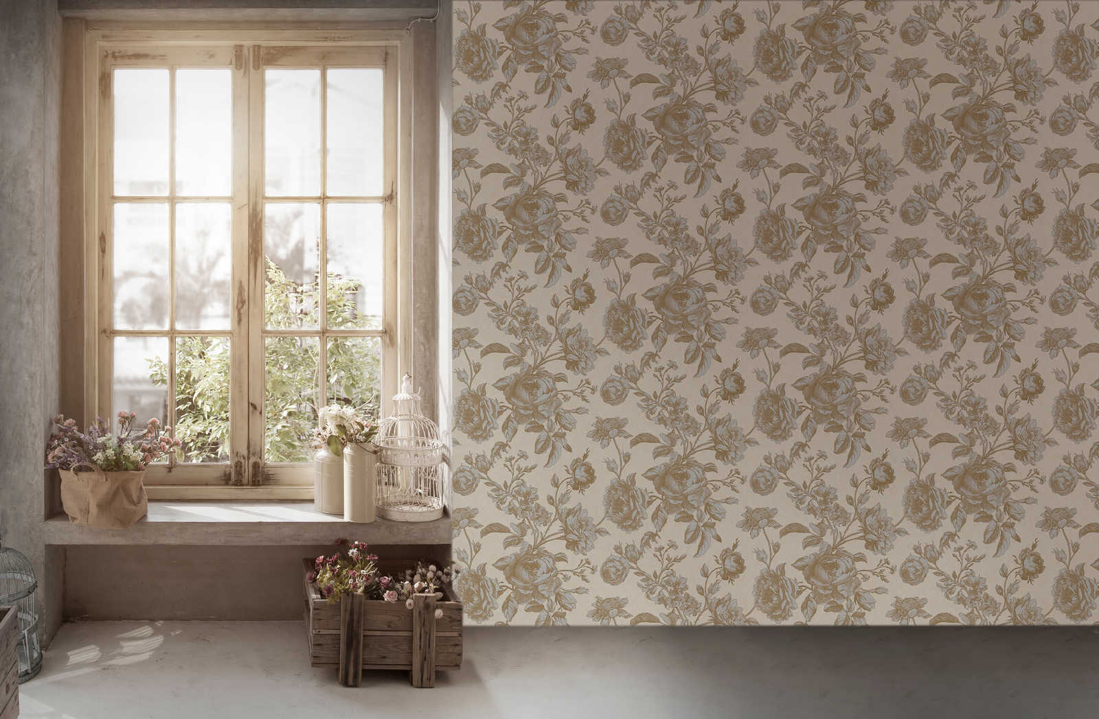             Vintage wallpaper with roses pattern in graphic style - metallic, cream
        
