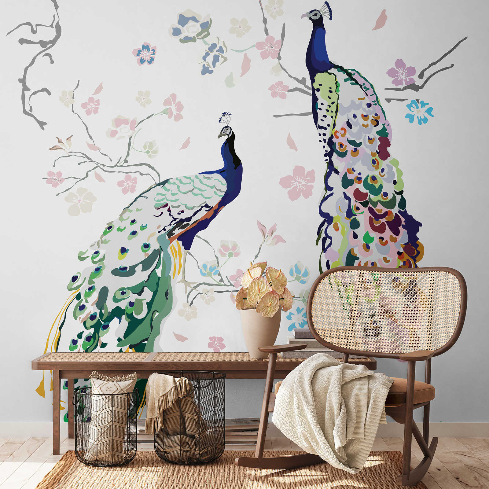 Non-woven wallpaper with peacock and flowers - white, colourful, blue, green, pink
