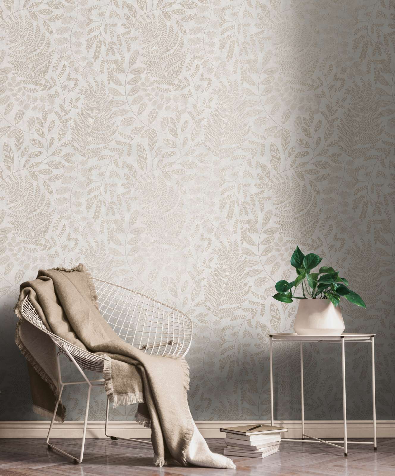             Wallpaper leaves design in boho style - beige, metallic
        