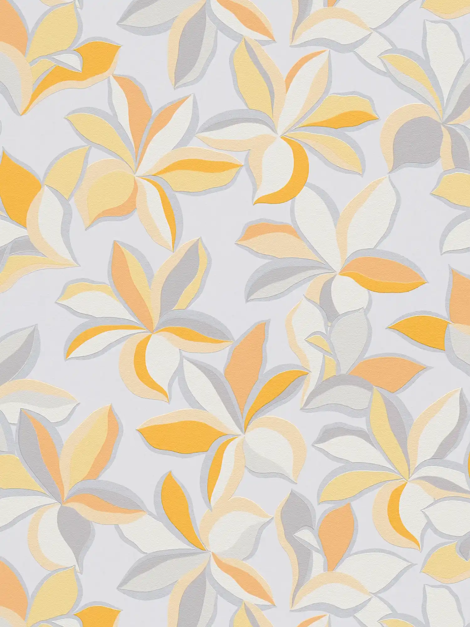 Vliesbehang met bloemenmotief & metallic look - geel, oranje, grijs

