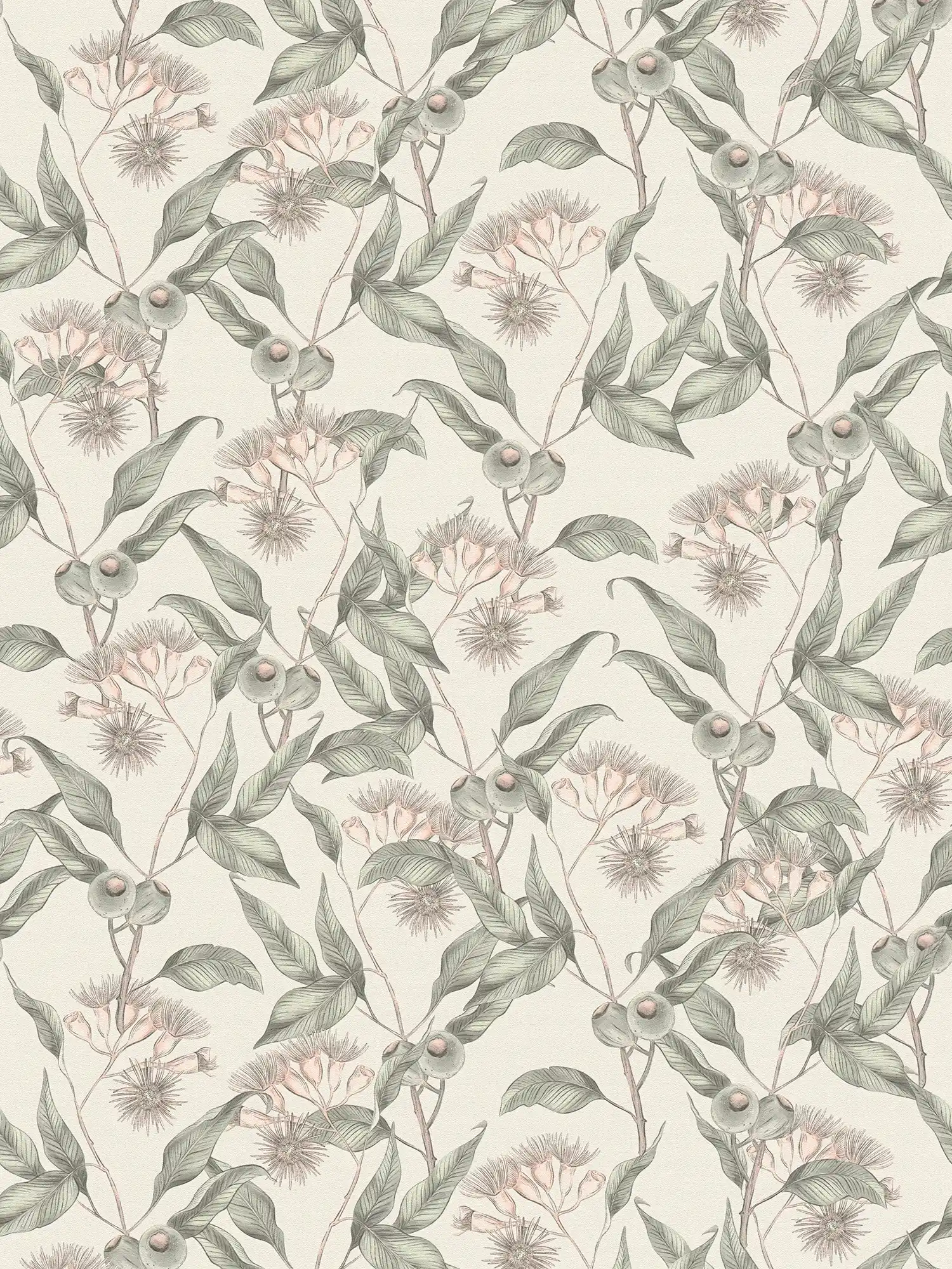 wallpaper floral with leaves & flowers modern textured matt - white, grey, green

