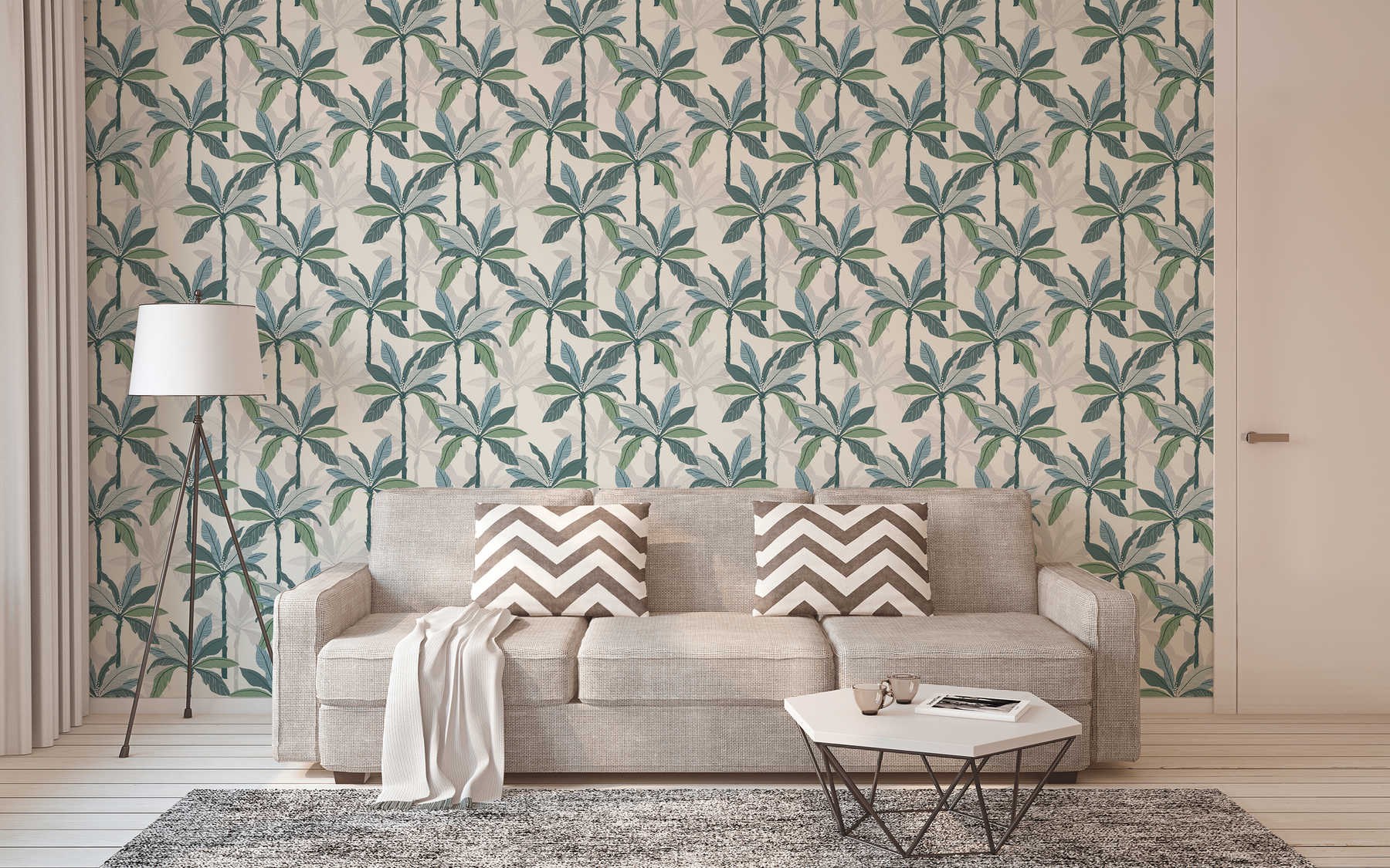             Papier peint tropical avec design de palmiers - bleu, vert, blanc
        