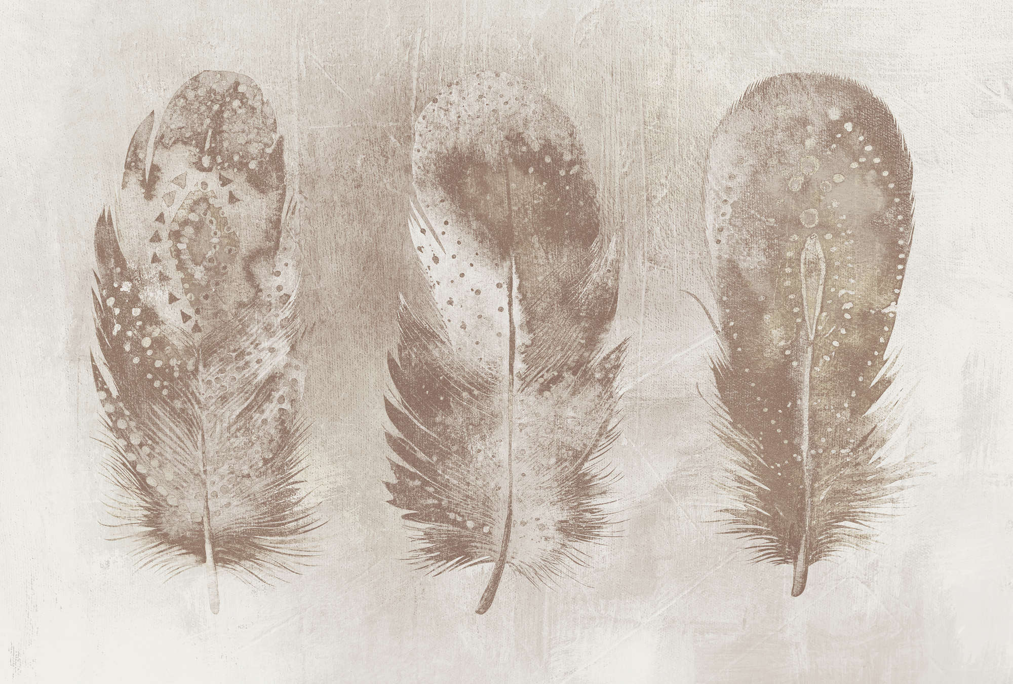             Photo wallpaper feather design, bohemian style & sepia - beige, white, grey
        