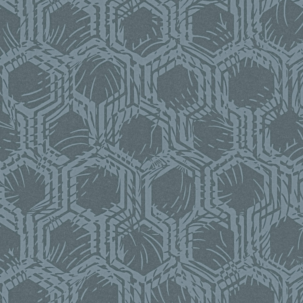             Hexagon patroon behang in ethno stijl - blauw, metallic
        