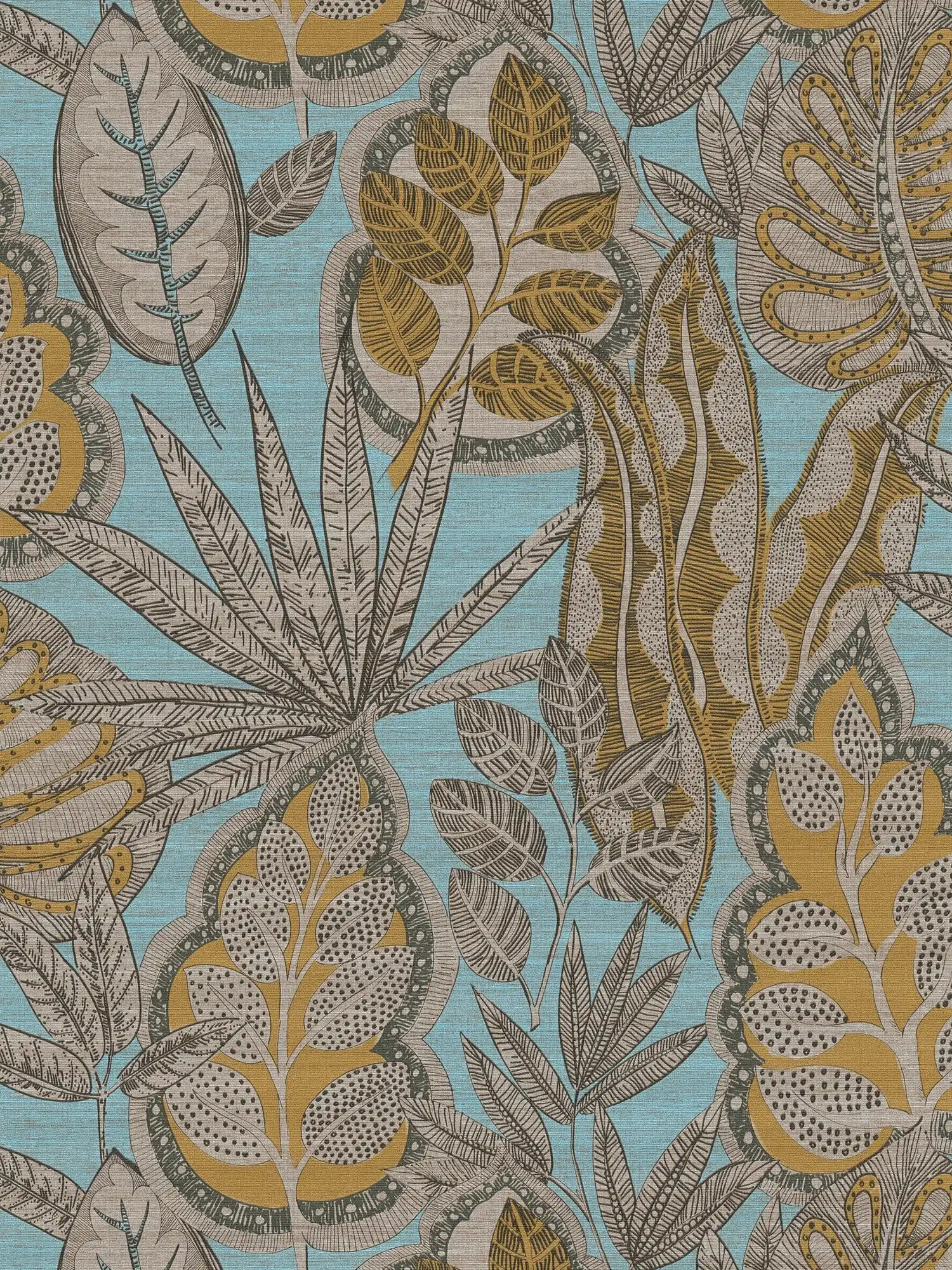         Papel pintado tejido-no tejido floral en estilo gráfico con estructura ligera, mate - azul claro, amarillo, marrón
    