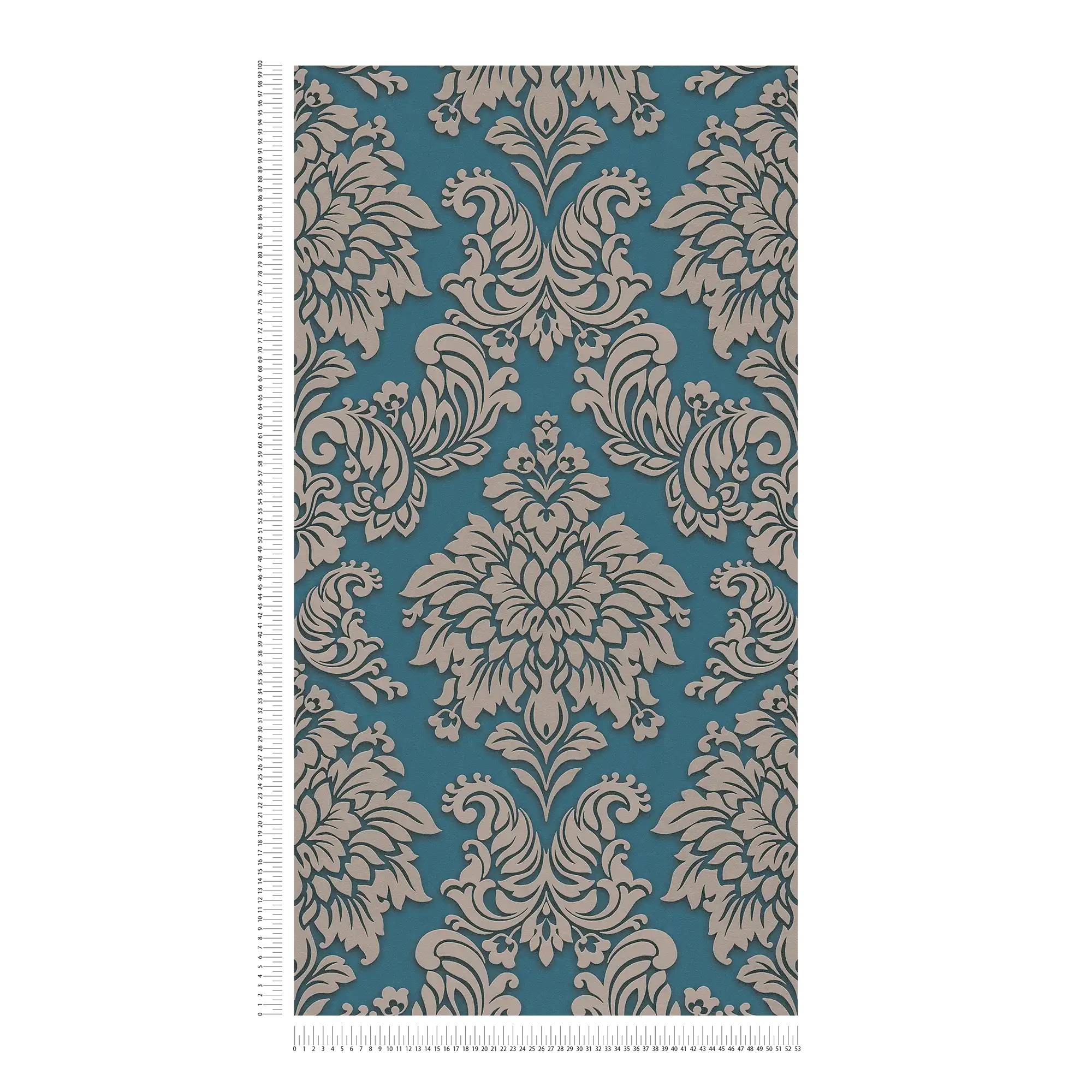             Baroque wallpaper ornaments with glitter effect - blue, silver, beige
        